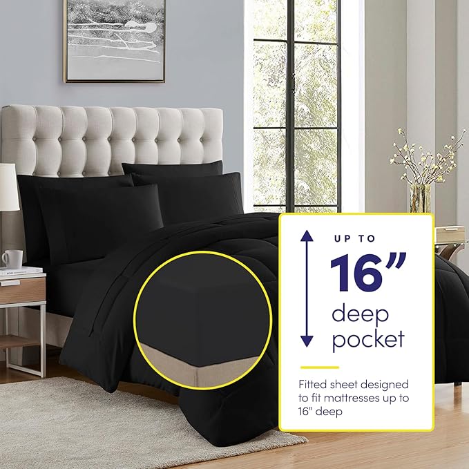 Sweet Home Collection 5 Piece Comforter Set Bag Solid Color All Season Soft Down Alternative Blanket & Luxurious Microfiber Bed Sheets, Black, Twin XL