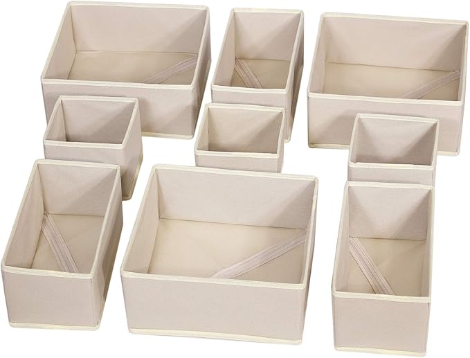 DIOMMELL 9 Pack Foldable Cloth Storage Box Closet Dresser Drawer Organizer Fabric Baskets Bins Containers Divider for Baby Clothes Underwear Bras Socks Lingerie Clothing,Beige 333 by DIOMMELL