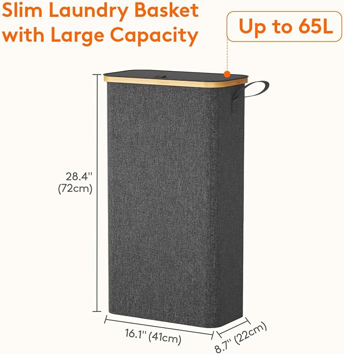 Lifewit 65L Slim Laundry Hamper with Lid, Narrow Laundry Basket with Removable Bag & Bamboo Handles, Fodable Thin Dirty Clothes Hamper for Laundry Collapsible Bin for Bathroom Bedroom Dorm, Dark Gray - Image 3