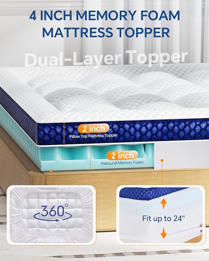 BEDELITE Twin XL Mattress Topper College Dorm Room Essentials, Dual Layer 4 Inch Memory Foam Mattress Topper, Pilow Top Mattress Pad and Premium Gel Foam Mattress, Fits Twin XL Mattress