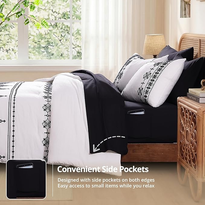 MaiRêve Queen Size Comforter Set Frost White, Embroidery Floral Western Boho Bedding Set, All Season 7 Pieces Bed in a Bag with Sheets, Pillowcases & Shams