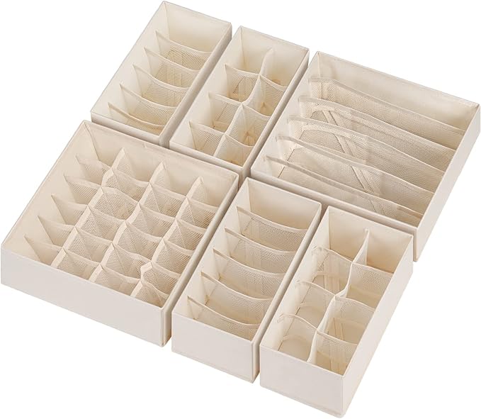 Criusia 6 Pack Sock Underwear Drawer Organizer Dividers, 58 Cell Foldable Fabric Dresser Closet Organizers and Storage Bins for Clothing, Baby Clothes, Bra, Panty, Scarf, Ties (Beige) - Image 8