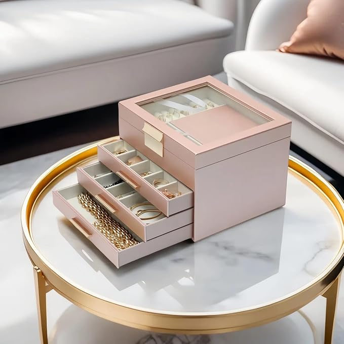 BOOVO Clear Lid Jewelry Box,3 Layers Jewelry Organizer Large Jewelry Storage Box with 2 Drawers,Jewelry Holder Organzier of Rings Earrings Necklace Bracelets for Women (Rose Gold, 4 Layer) - Image 6