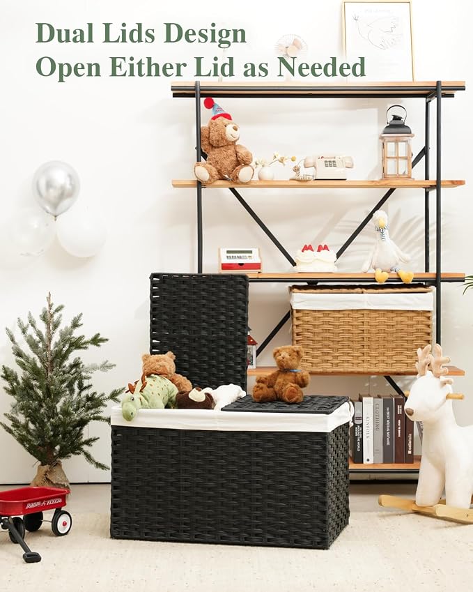 SETVSON Storage Basket with Lid Wicker Baskets for Storage with 2 Separate Lid 42.3 Gallon (160 L) 29.9 x 17.3 x 18.1 Inches Rattan Woven Large Wicker Basket with 2 Liners for Bedroom Laundry Black - Image 5