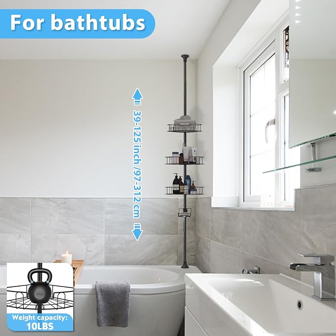 BsBsBest Shower Organizer Caddy - Stainless Steel Shower Shelves Rack, Adjustable Organization And Storage Head Holder, Rustproof Tension Pole, Black - Image 6
