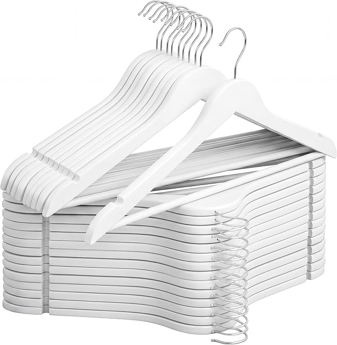 StorageWorks White Wooden Hangers 30 Pack, Heavy Duty Wood Hangers for Closet, Clothes Hangers for Coats, Bridesmaid Suits, Wedding Dress by StorageWorks