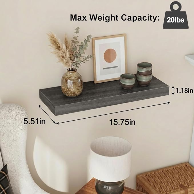 Fixwal 15.8in Floating Shelves, Rustic Wood Finish Wall Shelves Set of 4, Shelves for Wall Decor, with Invisible Brackets for Bathroom, Living Room,Bedroom and Kitchen(Gray) - Image 3