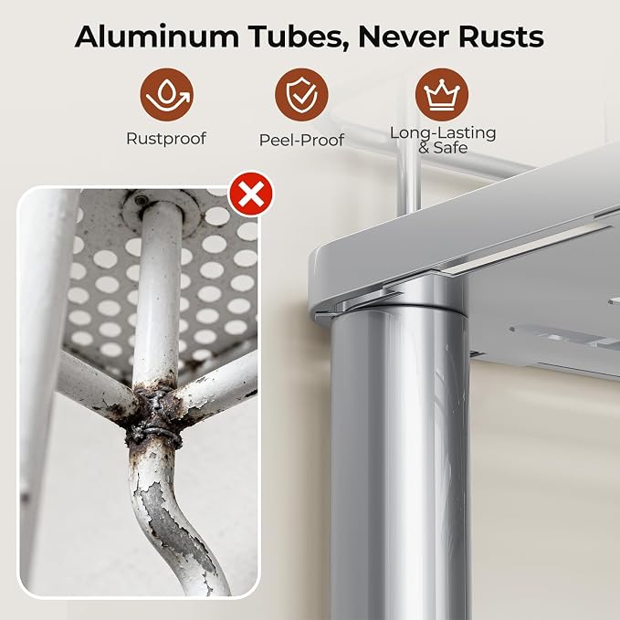 Orimade Rustproof 4 Tier Floor Standing Corner Shower Caddy Organizer with Toothbrush Holder, Large Spacing Floor Shower Shelf Rack Storage Stands with Hooks for Bathroom Kitchen, Silver - Image 3