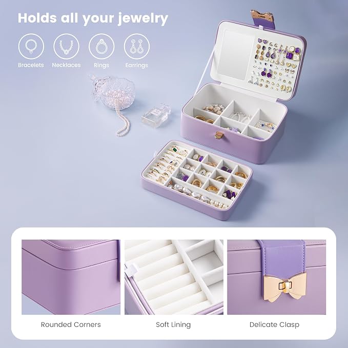 Lolalet 2 Layer Jewelry Box for Teen Girls & Young Women, Jewelry Organizer Case with Bow Clasp and Mirror for Earrings Rings Necklaces Storage, Gift Idea -Purple - Image 2
