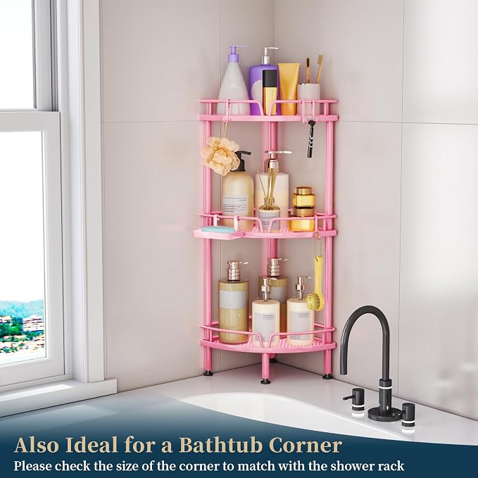 Consumest Corner Shower Caddy Stand - 3 Tier Shower Organizer with Soap Holder, Tall Floor Corner Shelf Standing with Adjustable Feet & 4 Hooks, Storage Rack for Bathroom Pink - Image 6