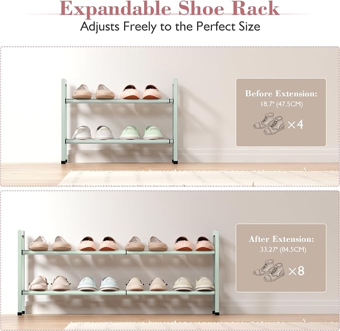 Bumusty 2-Tier Expandable Shoe Rack for Closet, 18“-33” Adjustable Shoe Rack for Small Space, Small Shoe Organizer for Front Door, Sturdy Metal, Green - Image 4