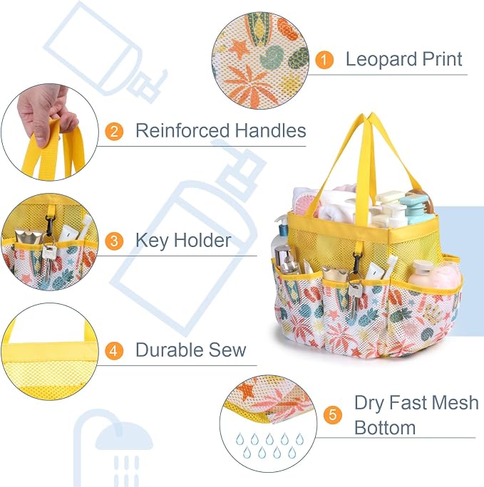 F-color Shower Caddy Portable - Mesh Shower Bag Basket Tote for College Dorm Room Essentials Bathroom Gym Camp Quick Dry for Women Men with S Hook, Yellow Beach - Image 3