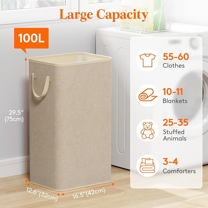 Lifewit 100L Large Tall Laundry Hamper, Collapsible Laundry Basket with Handles, Foldable Clothes Hampers for Laundry, Portable Dirty Clothes Hamper for Dorm College Bedroom Bathroom, Beige - Image 2