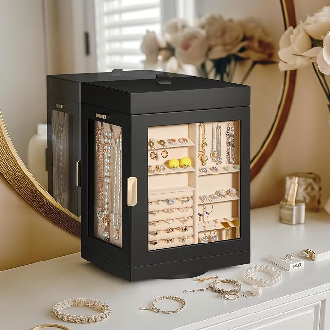 TidyStash 360° Rotating Jewelry Organizers and Storage, Large Jewelry Boxes for Women Necklace, Ring Earring Storage, Vertical Accessory Organizers and Storage, Black by TidyStash