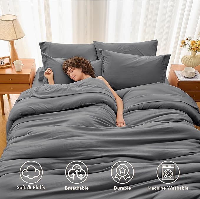 MUXHOMO 7 Pieces Full Comforter Set, Soft Bed in a Bag Full Size, All Season Bedding Set with Comforter, Flat Sheet, Fitted Sheet, Pillowcases & Shams, Dark Grey