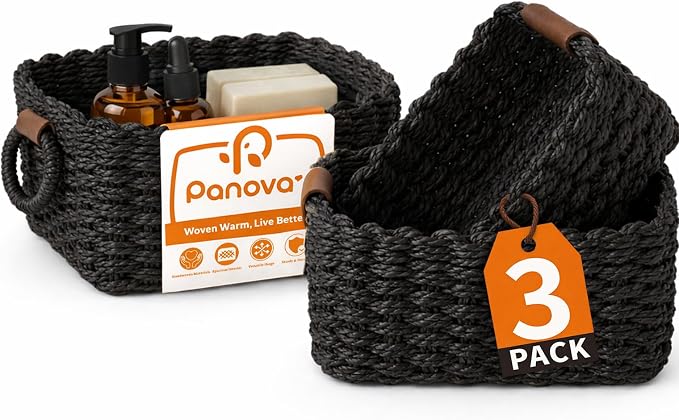 Storage Basket, Recycled Paper Rope Bathroom Basket Organizer, 3Pcs Small Baskets for Organizing, Mini wicker Basket for Decorative Storage Bins, Shelves, Bathroom, Cabinet - Black by Panovox