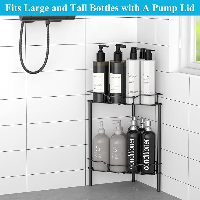 HuggieGems 2 Tier Floor Standing Corner Shower Caddy Organizer Shelf with Hooks, Bathroom Shelves Stand Rack, Black - Image 4