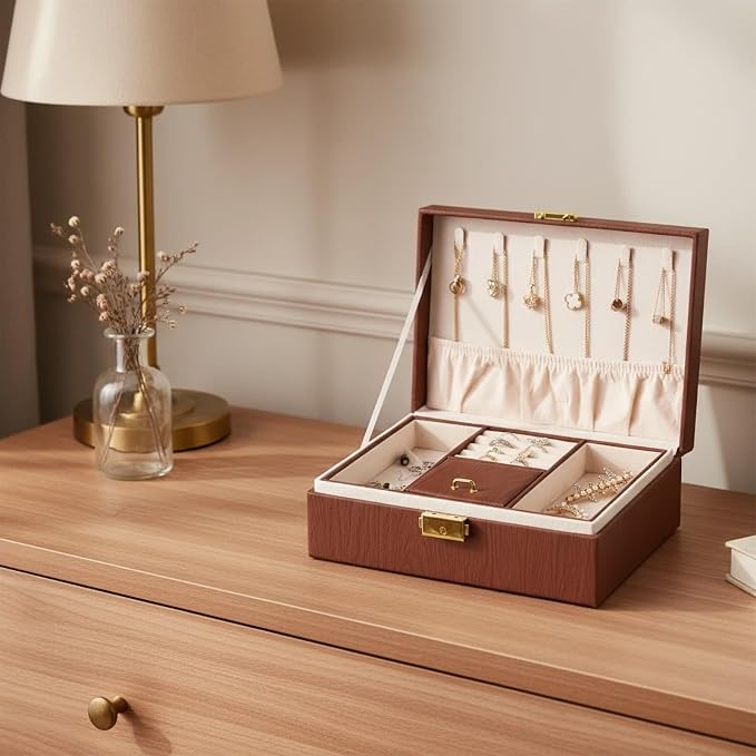 Jewelry Box Organizer for Women Girls Gift, 2 Layer Large Jewelry Storage Case, Vintage Wood PU Leather Display Jewellery Holder with Removable Tray for Necklace (Black walnut wood grain) - Image 5
