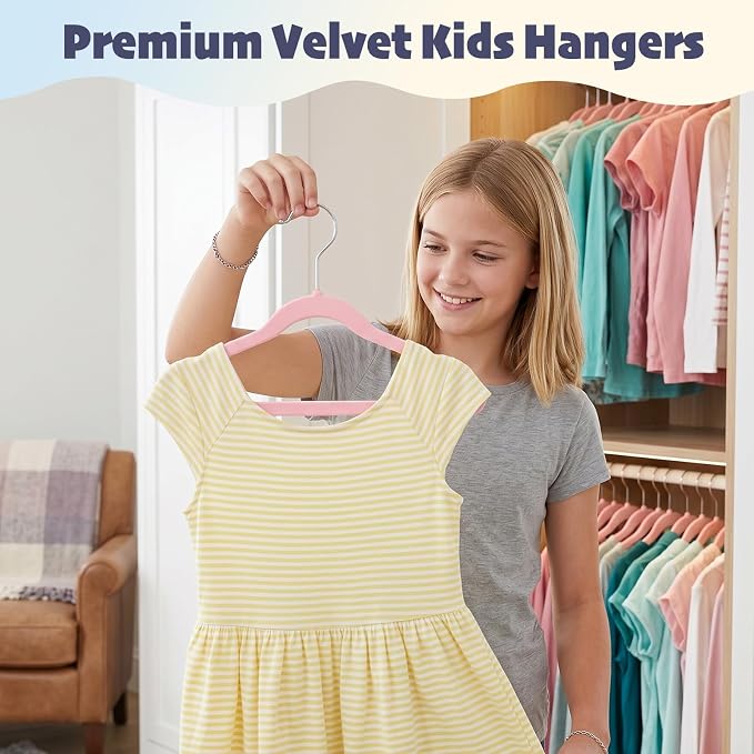 HOUSE DAY 14 Inch Kids Velvet Hangers 50 Pack, Durable Big Kids Hangers, Non Slip Kid Felt Hanger for Youth, Cute Childrens Hanger for Closet, Pink - Image 2