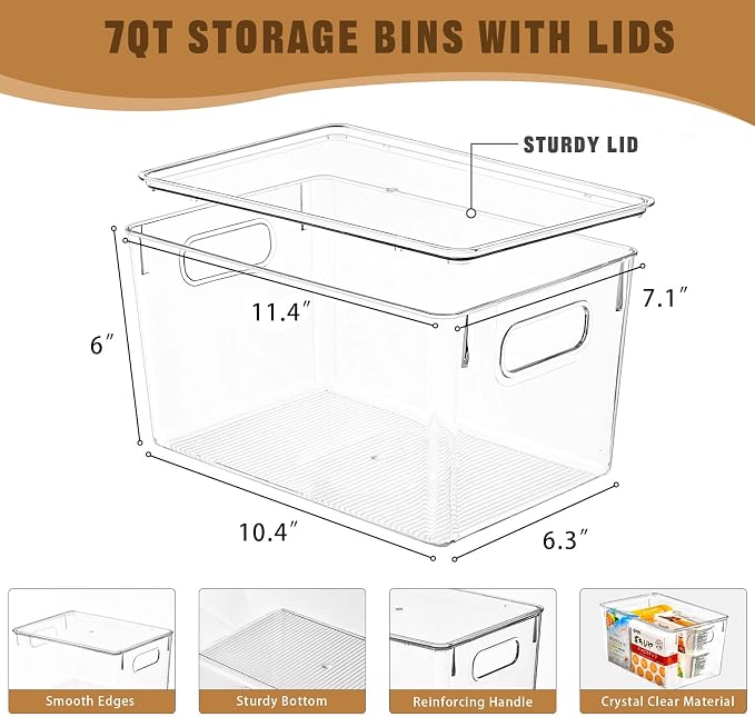 12 Pack Clear Storage Bins with Lids, 7 Quart Stackable Storage Boxes for Storage and Organization, Plastic Storage Containers with Lids, Plastic Bins with Handles for Office, Bedroom, Study Room - Image 2