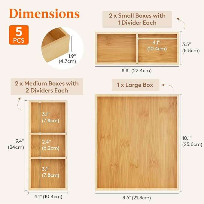 Lifewit Drawer Organizers 5 Pack(11 Grid) with 6 Inserts, Adjustable Bamboo Wooden Drawer Dividers, Stackable Storage Box for Utensils, Silverware, Makeup, Junk in Kitchen/Bathroom/Office/Vanity - Image 2