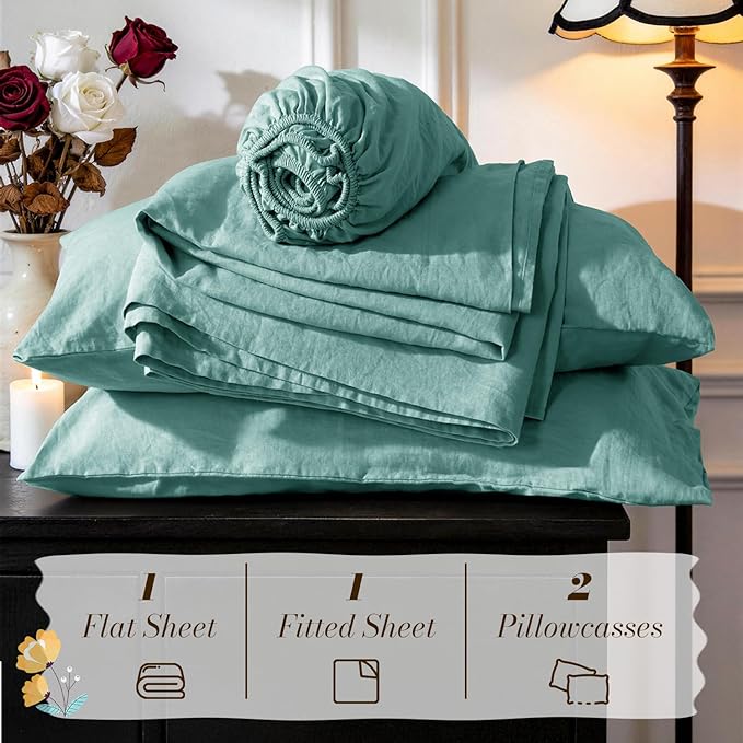 SONORO KATE 100% French Pure Linen Sheets, Breathable and Durable Linen Full Size Sheets, Anti-Tear Linen Bed Sheets, Machine Washable, 16 Inch Deep Pocket - 4 Piece (Aqua, Full)