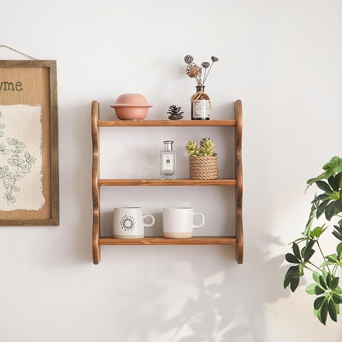 100% Solid Wood Wall Shelf 3-Tier, Rustic Floating Shelves Wall Mounted Storage Rack, Farmhouse Decor Hanging Shelf Display Shelves for Apartment, Living Room and Bedroom - Image 4