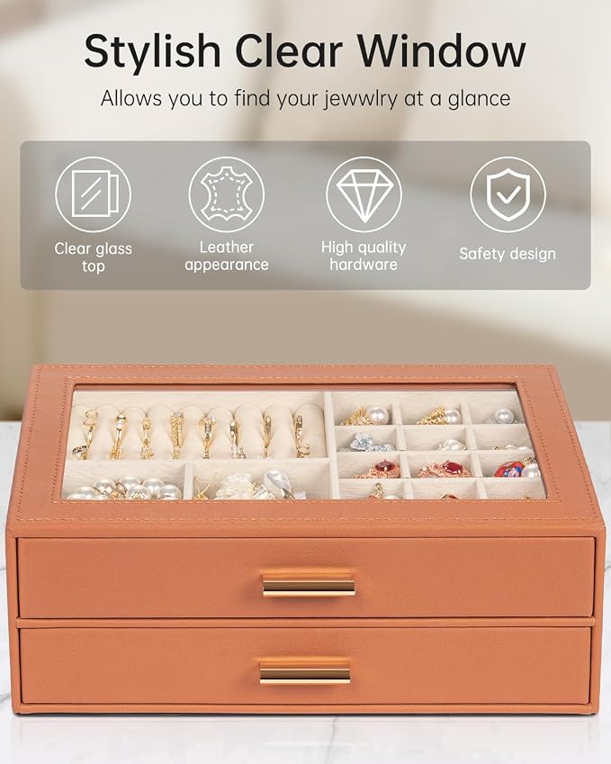 AKOZLIN Jewelry Box with Clear Lid Functional Leather Jewelry Storage Organizer Case 2 Drawers for Women Girls Necklace Ring Bracelet Earring - Image 5