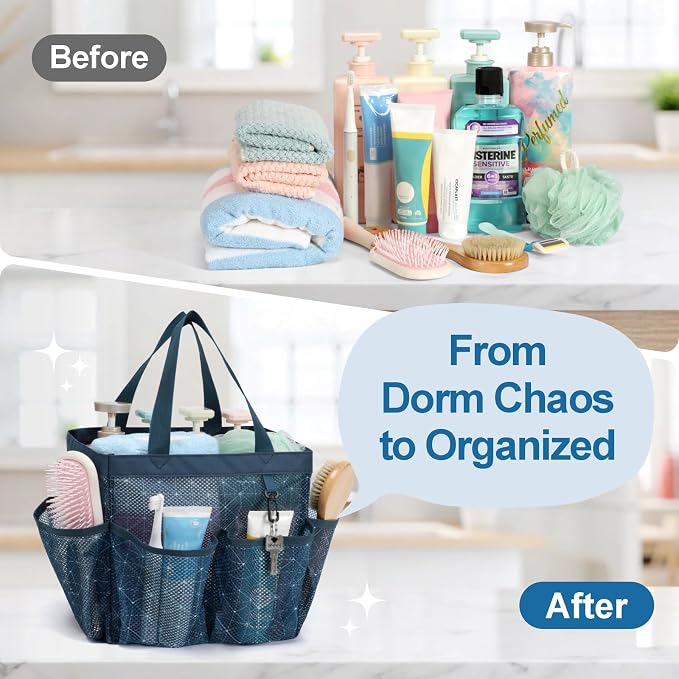 F-color Mesh Shower Caddy Portable, Upgrade Deeper 7 Pockets Shower Bag Basket Tote for College Dorm Room Toiletry Bathroom Essentials Gym Camp Quick Dry 2 handles with S Hook, Starlight Navy - Image 4
