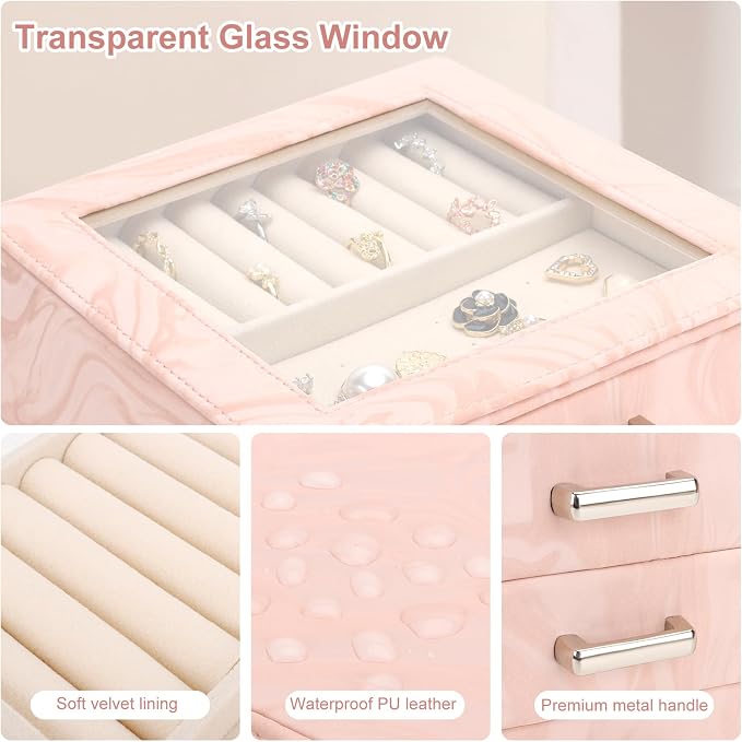 DesignSter Jewelry Box Organizer, Jewelry Box for Women, PU Jewelry Organizer Display Case with Side Drawers, Jewelry Storage for Earring Necklace Ring Bracelet Watch - Image 4
