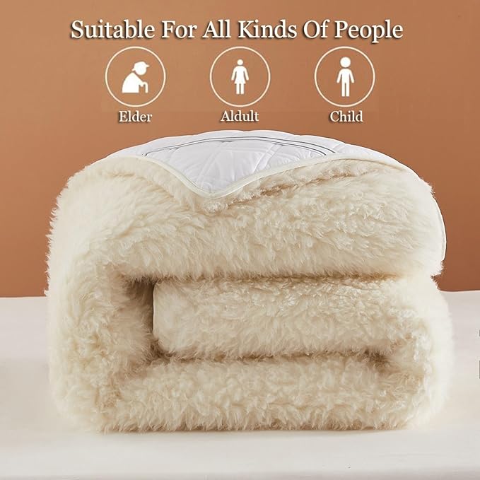 Wool Fleece Fitted Mattress Cover Pad with Straps - Breathable Lamb Folding Wool Mattress Protector Pure Wool Bed Topper Pure White Mattress(71 * 87")