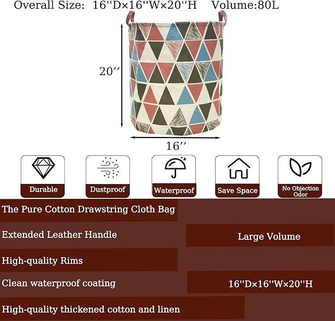 Waterproof Laundry Hamper Collapsible Laundry Basket Leather Handle Laundry Bag Large Clothes Storage Toy Organization for Bathroom Bedroom Laundryroom College Dorms (Caisanjiao-002) - Image 2