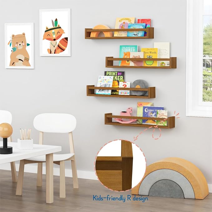 Forbena 24 Inch Wooden Floating Nursery Book Shelves for Wall, Walnut Nursery Bookshelf Wall Mounted for Kids Bedroom, Large Kids Floating Bookshelves for ChildToys Classroom Books Decor (Dark Brown) - Image 5