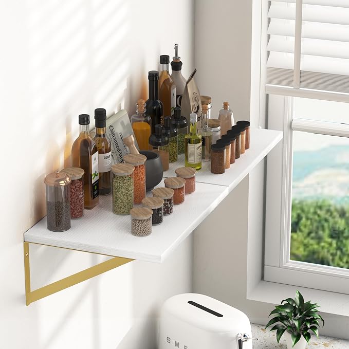 Heimlove Deep Floating Shelves for Wall, 16W x 12D Wood Wall Shelves Set of 2, Wide Floating Bookshelf for Living Room, Kitchen, Office, Bedroom and Decor Storage, with Golden Bracket - White & Gold - Image 2