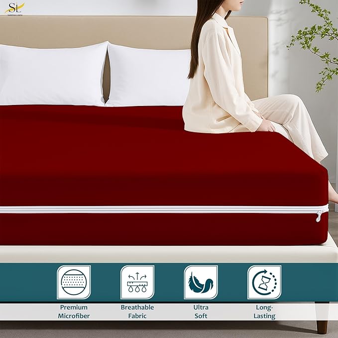 Mattress Protector Full Size 100% Waterproof Zippered Cover, 15 Inches Deep, Six-Sided Mattress Encasement for Bed, Zipper Closure Style (Burgundy)