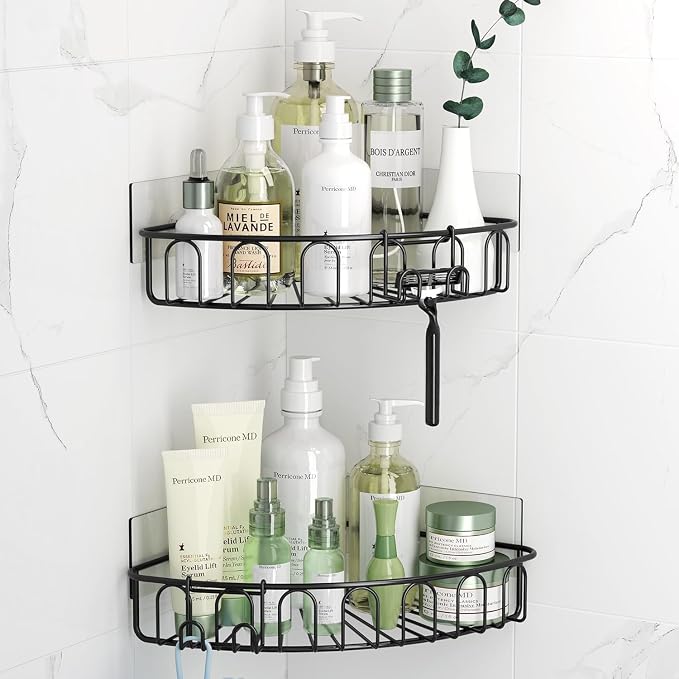 Orimade Corner Shower Caddy with 2 Hooks Wall Mounted Metal Bathroom Shelf Storage Organizer Adhesive No Drilling 2 Pack, Black Only for 90-Degree Corner by Orimade