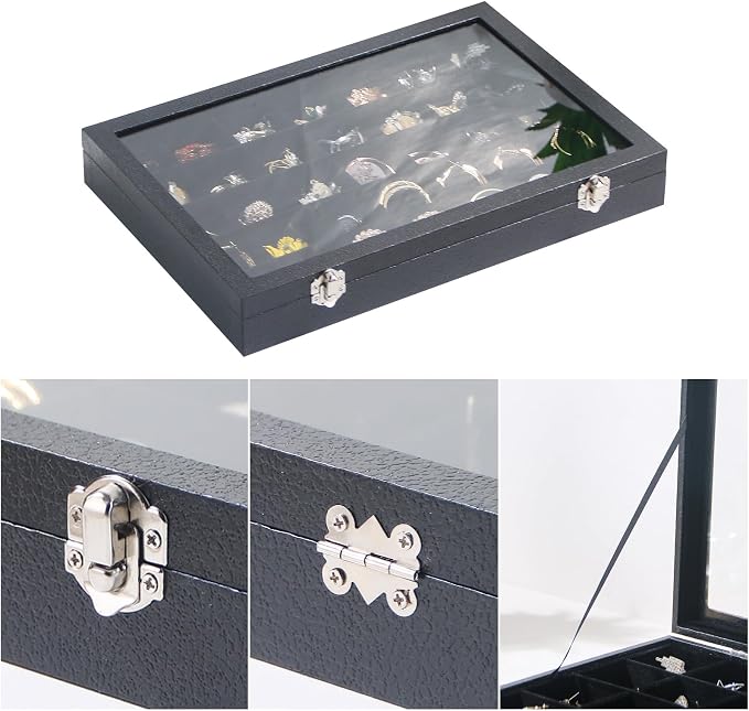 Coward Ring Earring Jewelry Organizer Box, 35 Grids Dustproof Display Holder Case, Black Velvet Jewelry Bead Display Tray Case with Transparent Glass Lid for Momen Girls - Image 3