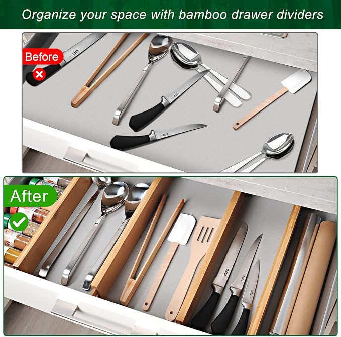 4 Pack Bamboo Drawer Dividers 2.6" High, Adjustable Length from 12 Inch to 17 Inch, Expandable Kitchen Drawer Organizer Separators for Clothes, Kitchen, Bedroom, Dresser, Office (Beige) - Image 8