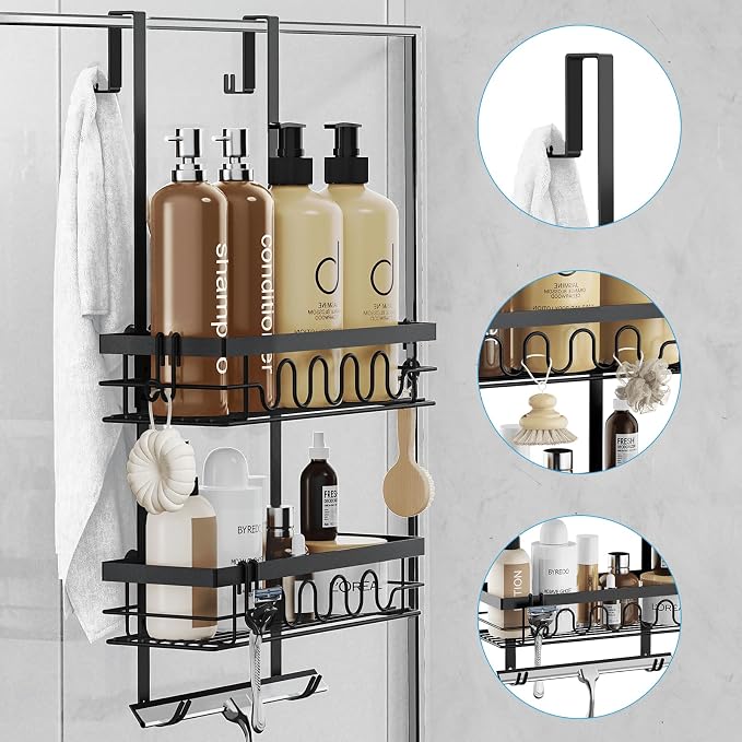 Over the Door Shower Caddy Hanging, 3-in-1 Rustproof Shower Organizer for Glass Door, No Drilling Shower Shelves with 4+3 Hooks, Wave Design, Stable, Adjustable Suitable for Kitchen/Bathroom/Balcony - Image 6