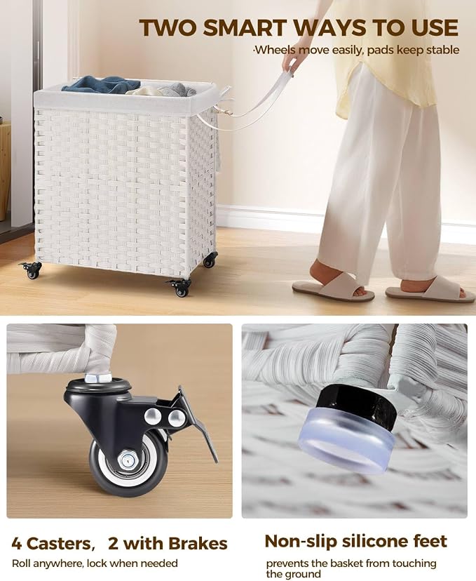 Greenstell Laundry Hamper with Wheels, No Install Needed, 110L Divided Handwoven Hampers & 2 Removable Liner Bags, Rattan Clothes Laundry Basket with Lid & Handles, Foldable Hampers White - Image 3