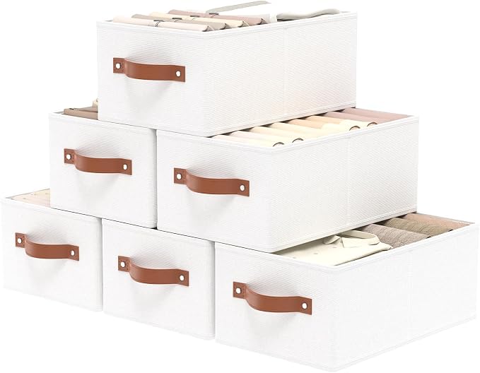 OUTBROS Fabric Storage Boxes, Foldable Bins With Handles, Wardrobe Baskets for Organizing, For bedrooms, living rooms, Shelves, White, 16.1 x 6.5 x 9.8 inch, 6-Pack by OUTBROS
