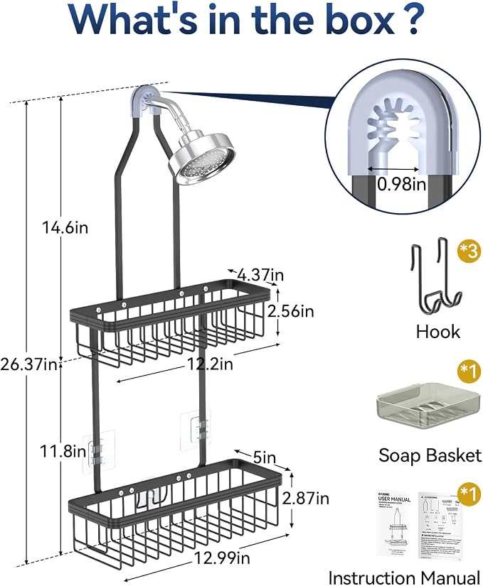 YASONIC Shower Caddy Hanging, Never Rust Shower Organizer Hanging, Aluminum Shower Racks for Inside Shower with Hooks for Razor, Bathroom Organizers and Storage with Soap Holder, Black - Image 2