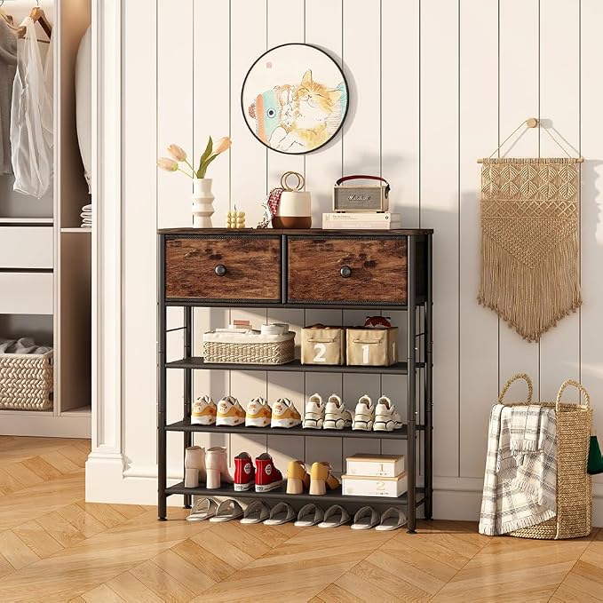INGIORDAR Shoe Rack Organizer 5 Tier Metal Organizer Shelf with Industrial MDF Board and Layer Fabric for Entryway Closet Bedroom Living Room Garage (Black+Rustic Brown, 4 Tier with 2 Drawers) - Image 6