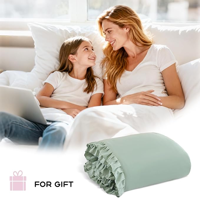 JANZAA King Size, Sage Green Comforter Set 3PCS 1 Ruffled Comforter Set and 2 Pillowcases Fluffy Vintage Farmhouse Shabby Chic Bedding Soft All Season