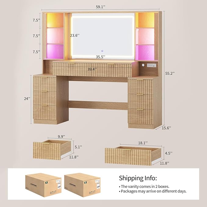 HAUOMS Big Vanity, Fluted Wood Makeup Vanity Desk with Mirror and Sound Sync LED Lights, Large Vanity Dressing Table, 8 Drawers, Charging Station for Girls, Women (Oak, 59.1" Width)