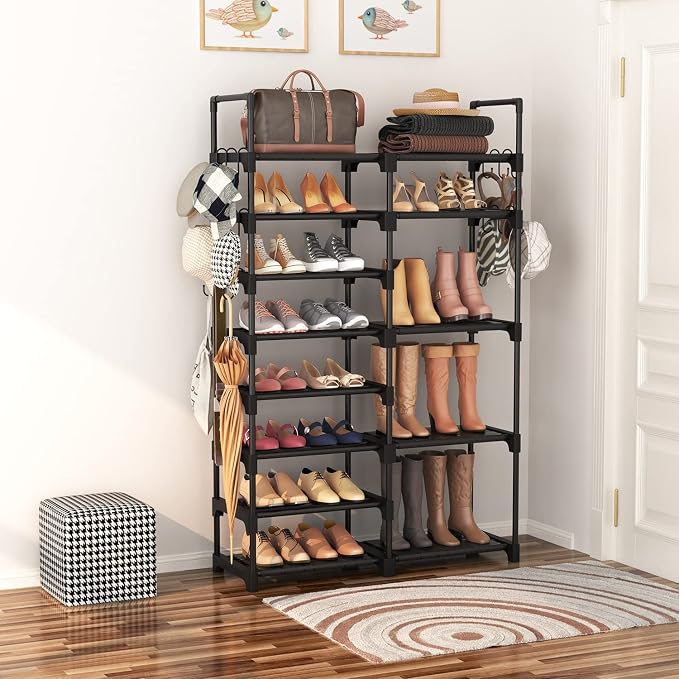 ROJASOP Shoe Rack Organizer, 8-Tier Metal Shoe Rack for Closet Entryway Garage, 26-32 Pairs Tall Shoe Boot Storage Shelf with 15 Hooks, Stackable Large Shoe Stand - Image 2