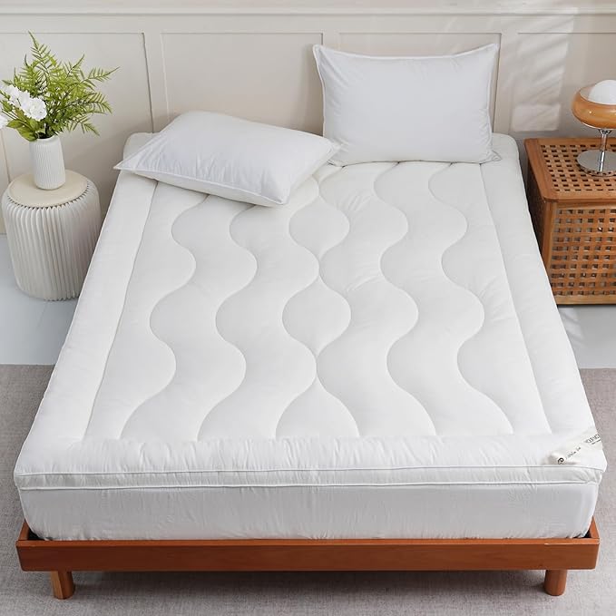 YOUR MOON 100% Organic Wool Mattress Topper Queen Size, Thick Pillow Top Mattress Pad, 800GSM Natural Wool Filling, Back Pain Relief Bed Topper with Cotton Cover-16'' Depth, 60"x80" (Striped White)