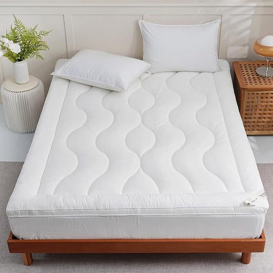YOUR MOON 100% Organic Wool Mattress Topper Queen Size, Thick Pillow Top Mattress Pad, 800GSM Natural Wool Filling, Back Pain Relief Bed Topper with Cotton Cover-16'' Depth, 39"x80" (Striped White)