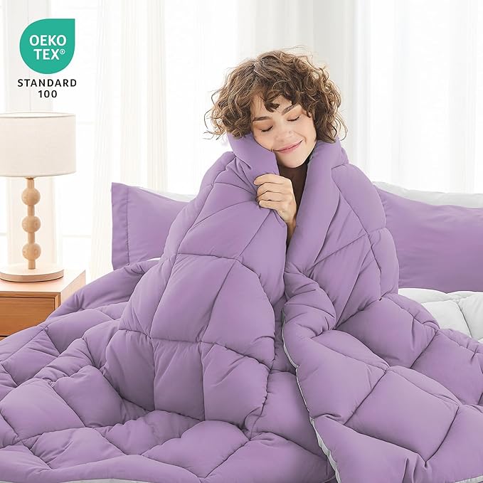 MUXHOMO 7 Pieces Queen Comforter Set, Reversible Bed in a Bag Queen Size, All Season Bedding Set with Comforter, Flat Sheet, Fitted Sheet, Pillowcases & Shams, Greyish Purple & Light Grey