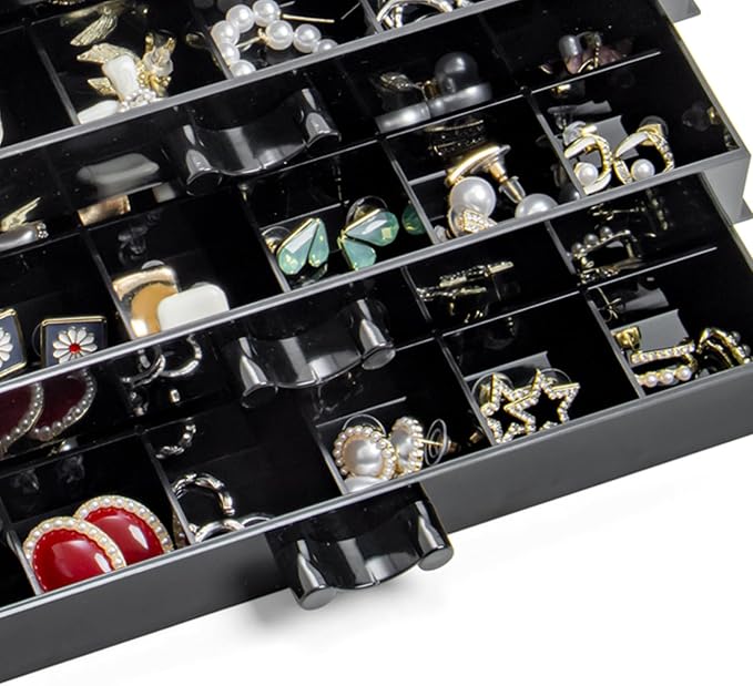 YUFONG Earring Storage Box Organizer 3 Drawers Acrylic Jewelry Storage Box Holder Transparent Jewelry Display Stand with 72 Small Compartments Gift for Women Girls (Black) - Image 5